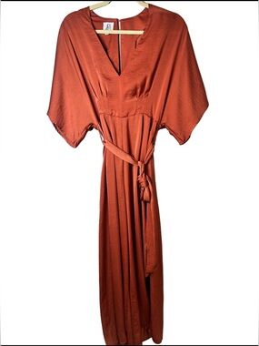 dRA Los Angeles Rust Satin Wide Leg Belted Jumpsuit Small Boho Kimono Sleeve